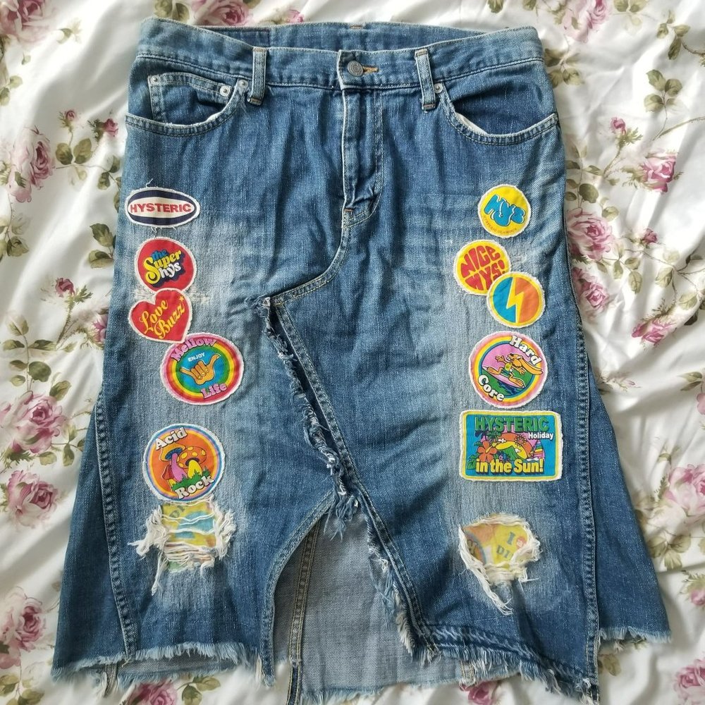 Vintage Hysteric Glamour Kinky Jeans Patchwork and Distressed Midi Denim Skirt